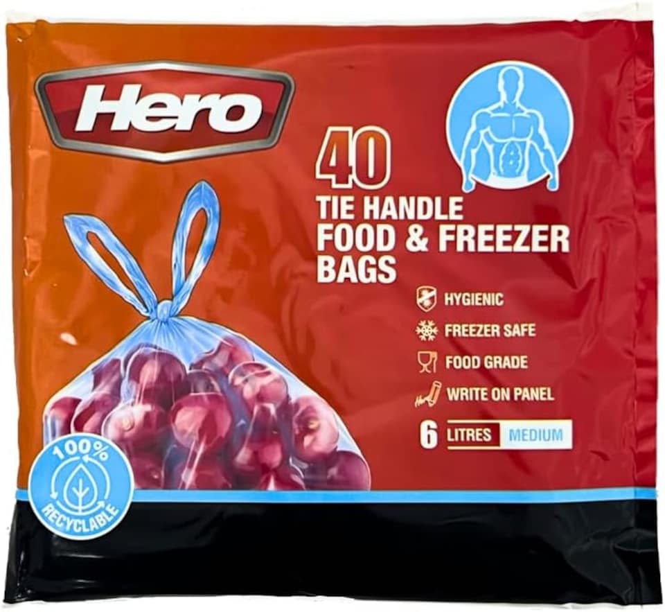 image 1 of Hero Tie Handle Food Storage Bags 6L Pack of 40 Reusable BPA Free Freezer & Sandwich Bags with Airtight Seal for Fruits, Vegetables, Meat and Grains