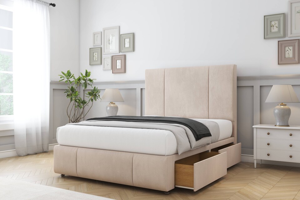 image 1 of Sloomy Lisbon Sand Naples Divan Bed Base 2 Drawers Foot-End With 54 Inch Floor Standing Headboard & 12 Inch Matching Footboard | Cream | Sand | Small Double | 1