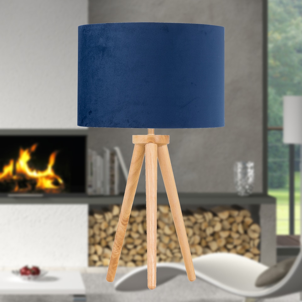 image 1 of Voyage - Light Oak Table Lamp or Bedside Light with Blue Velvet Shade | Brown | Blue | Large | 1
