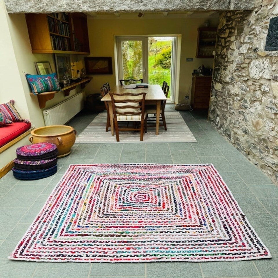 image 1 of CARNIVAL White Cotton Square Rug Braided with Multi Colours (CARNIVAL120X120) Multi