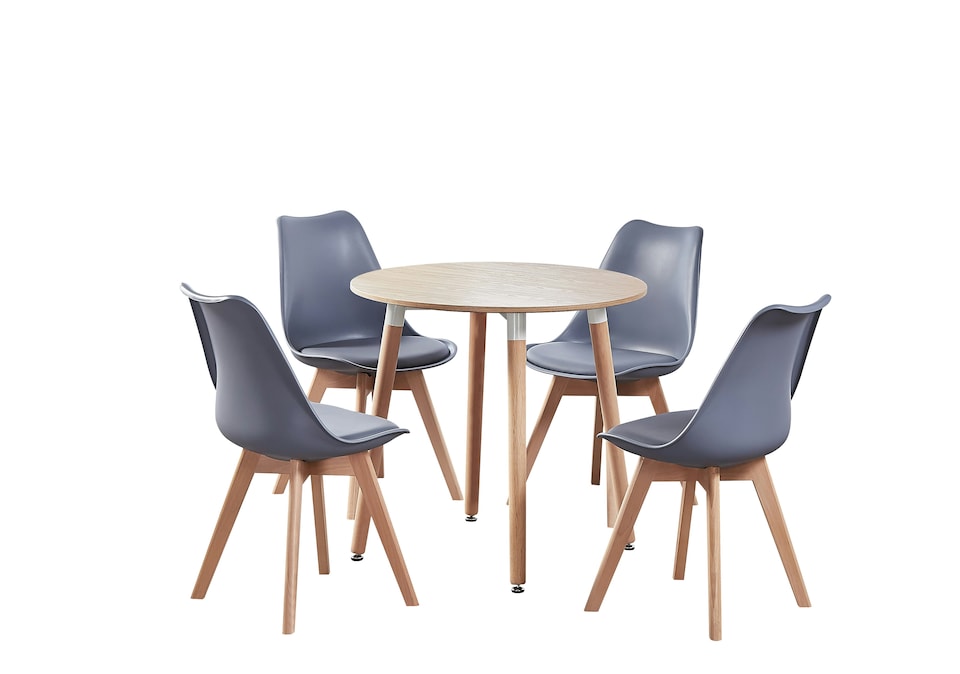 image 1 of 5PCs Dining Set - an Oak Round Dining Table & Set of 4 White Lorenzo Tulip chairs with Padded Seat | Grey