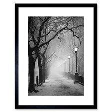 Snow Covered Street Misty Glow Light Posts 9x7" Black Framed Wall Art Print