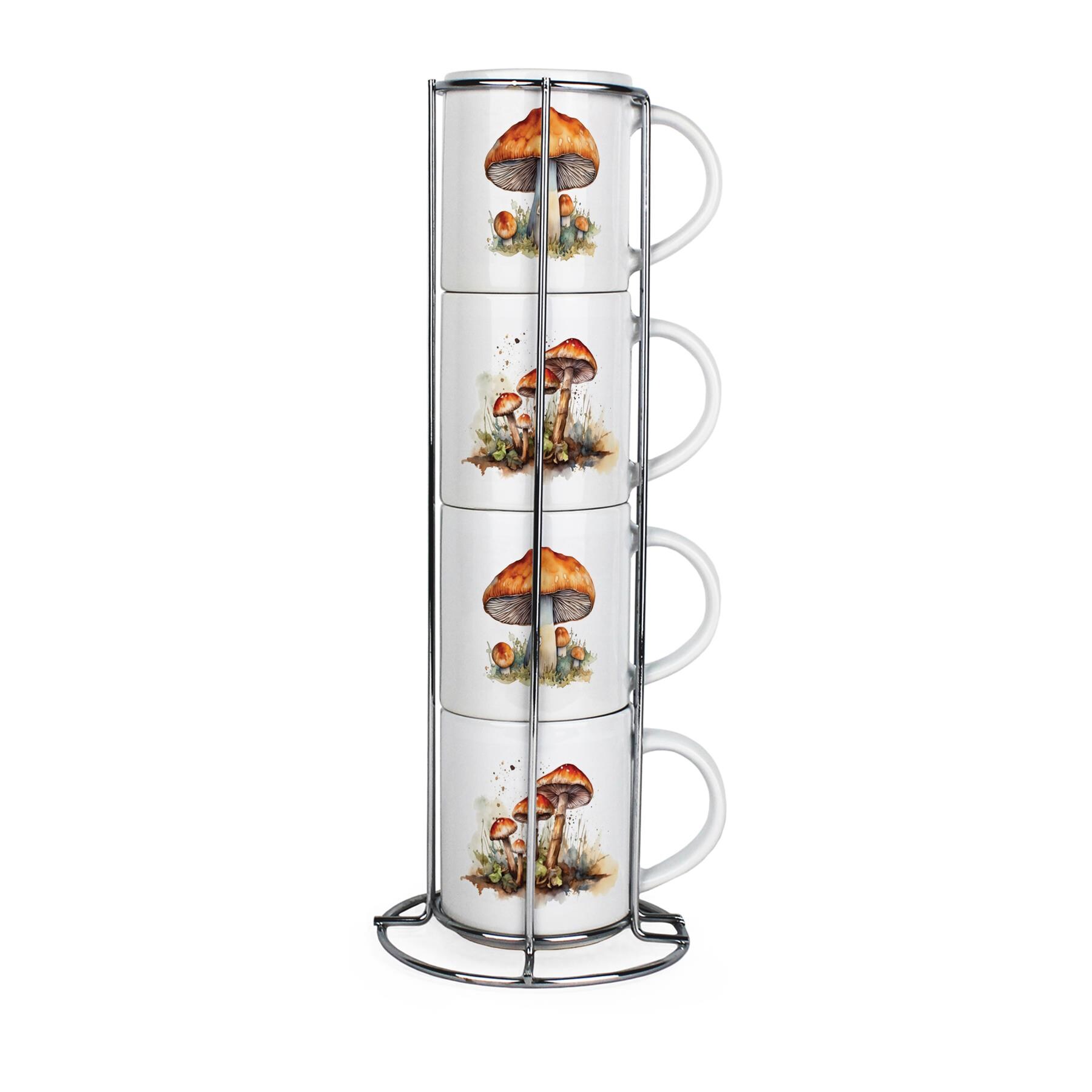 Wild Mushrooms Stacking Mugs Set - Forestry & Nature Themed Presents - Set of 4 Ceramic Mugs Gift Set with Metal Stand White