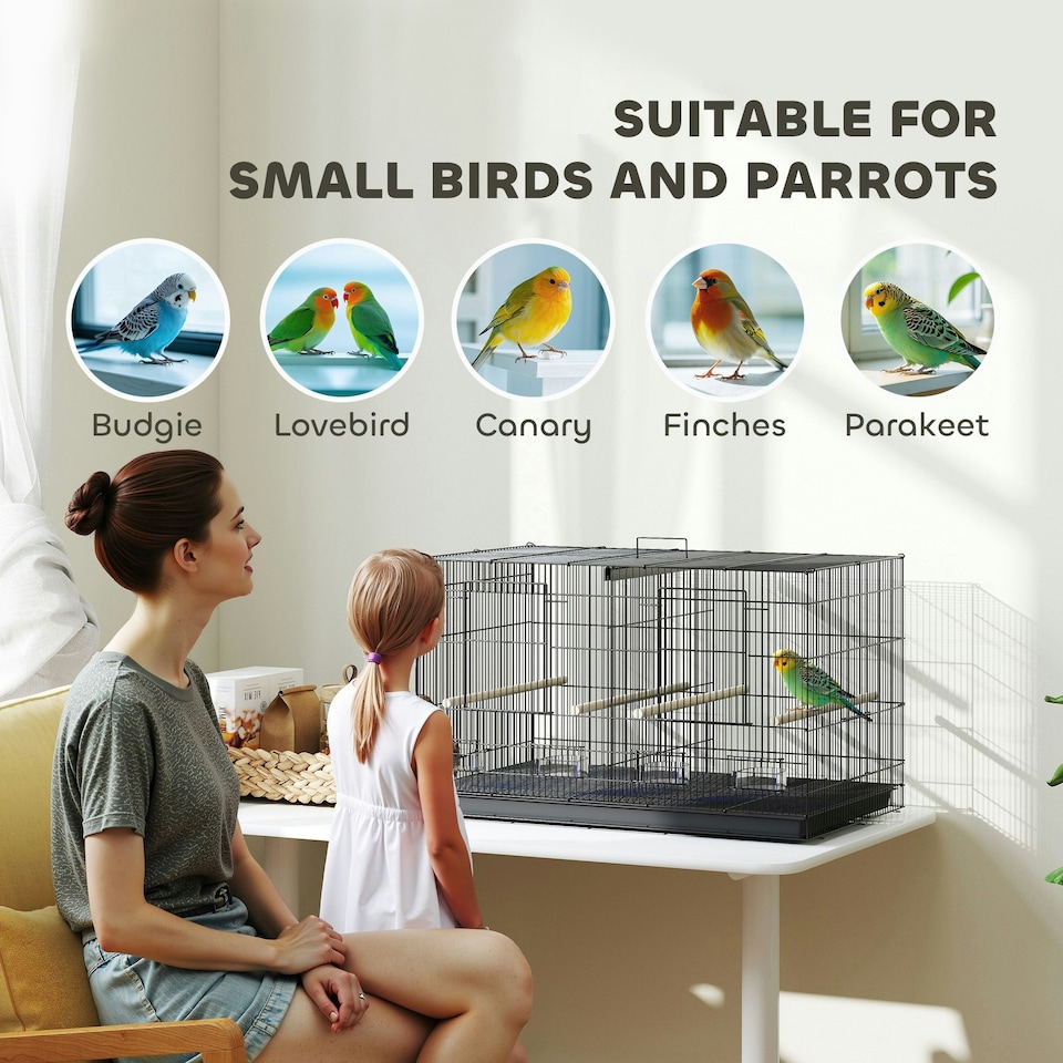 image 1 of PawHut Bird Cage with Divider, 4 Wooden Perches, Slide Out Tray, Black