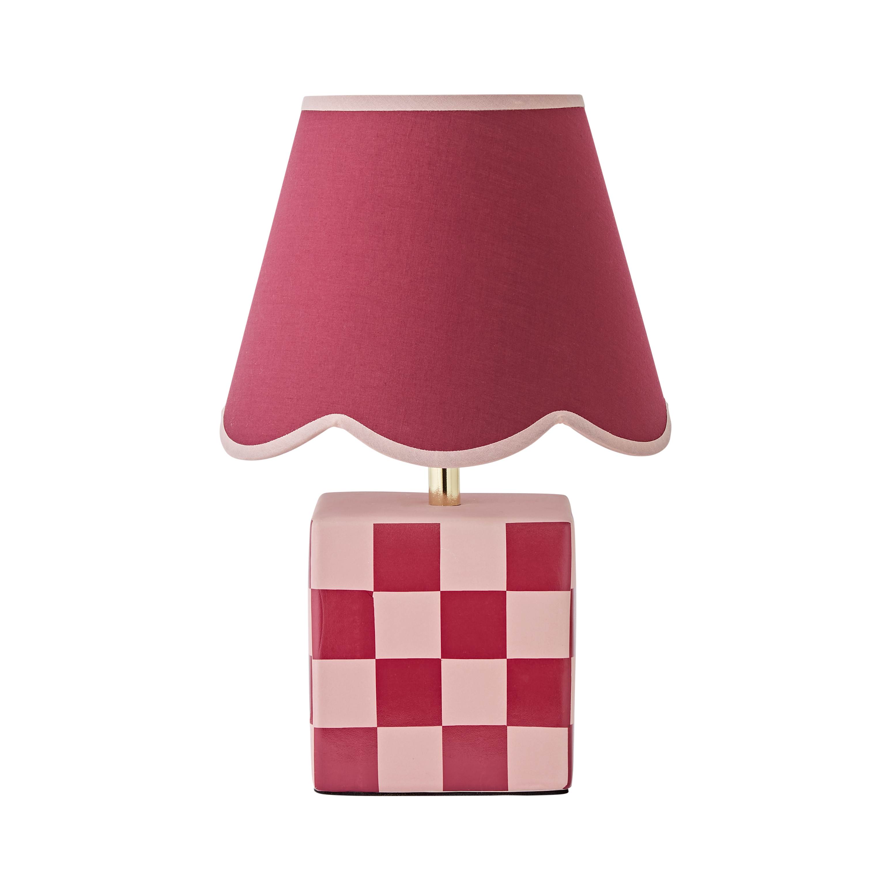 ValueLights Evie Check Cube Table Lamp with Trim Linen Scallop Lamp Shade & Bulb in Burgundy