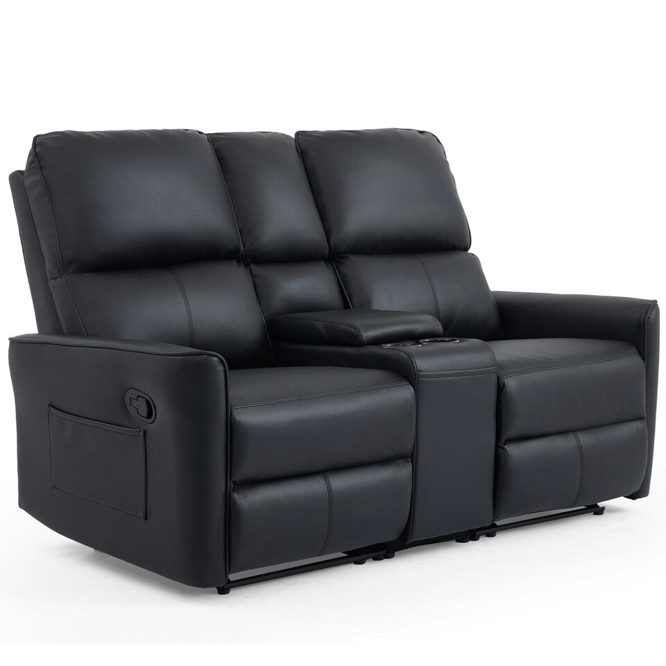 image 1 of Madrid 2 Seater Manual Recliner Air Leather Sofa w Drinks Console Grey