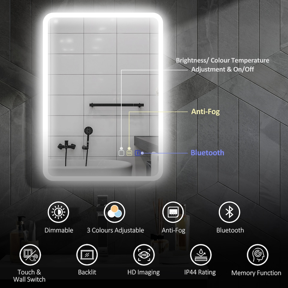 image 1 of HOMCOM 500 x 700 mm Backlit Illuminated Bathroom Mirror with LED Lights and Bluetooth, Wall Mounted Vanity Mirror with 3 Colours Dimmable, Anti-Fog, Memory Function, Touch Switch, IP44