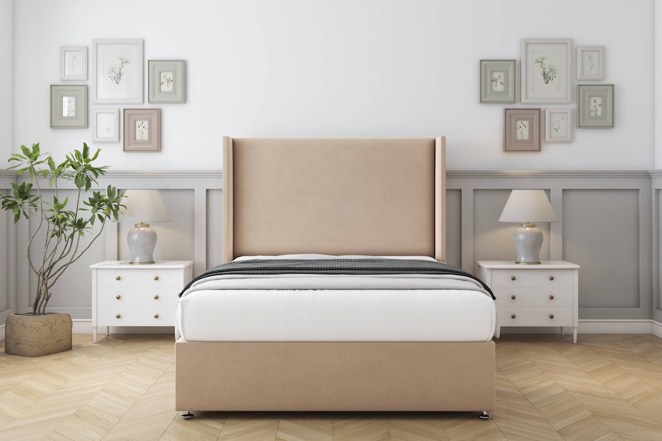 image 1 of Sloomy Devonshire Pebble Plush Divan Bed Base 2 Drawers Foot-End With 54 Inch Wingback Headboard | Brown | Pebble | King | 1