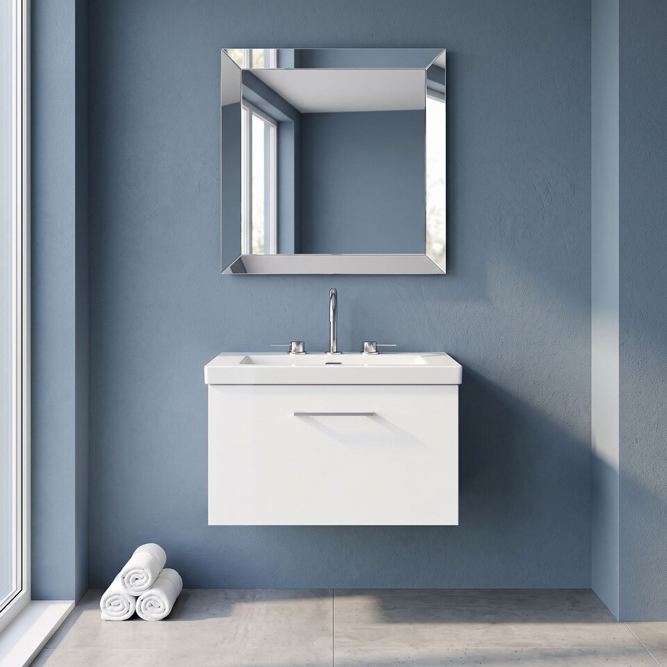 image 1 of Balterley Pershall Contemporary Wall Hung 1 Drawer Vanity Unit with 3 Tap Hole Fireclay Basin, 600mm, Matt White