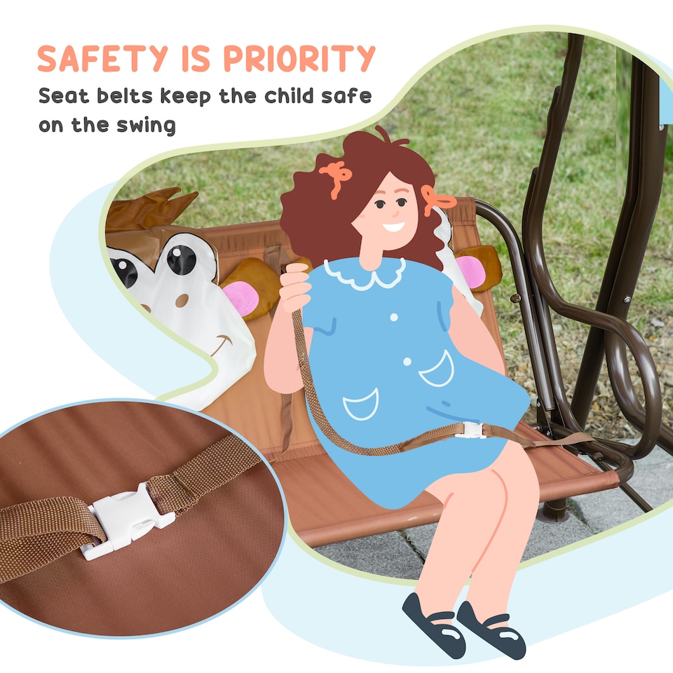 image 1 of Outsunny 2 Seat Kids Canopy Swing Chair w Adjustable Awning, Seatbelt - Brown