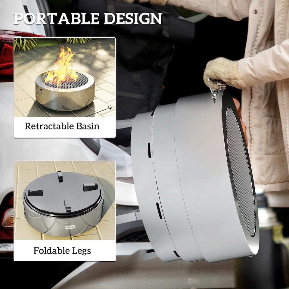 image 1 of Outsunny Round Fire Pit with Grill Net, Stainless Steel Firepit, Silver
