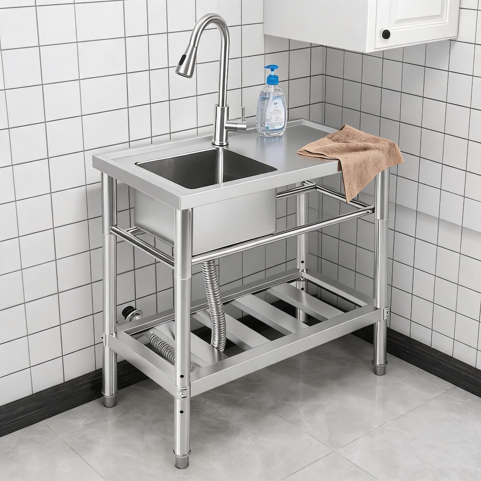 image 1 of London Boutique Freestanding Stainless Steel Single Bowl Sink, Kitchen Sink, Independent Utility Sink, Deep Basin Sink