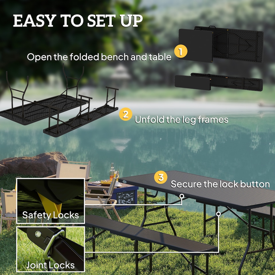 image 1 of Outsunny Folding Picnic Table and Bench Set, Rattan Effect Portable Camping Table and Chairs with Carrying Handles for Indoor Outdoor, Dining, Camping, Picnic, BBQ, Party, Black