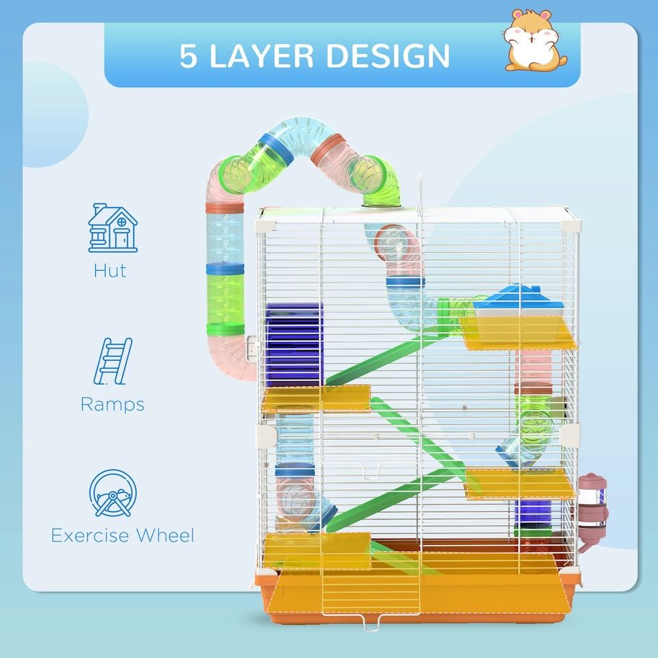 image 1 of Pawhut 5 Tier Hamster Cage Carrier Habitat w/ Exercise Wheels, Orange