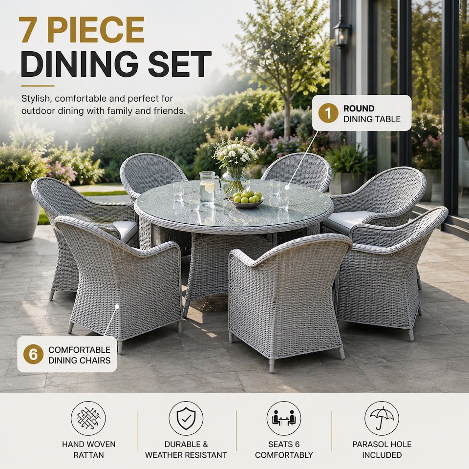 image 1 of Sorrento 6-Seater Rattan Dining Set, Round Garden Table with Chairs, Outdoor Patio Furniture Set