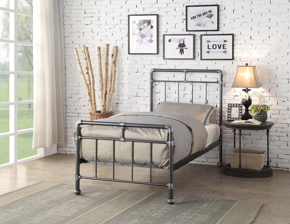 image 1 of 3ft Single Retro bed frame,black,silver,metal pipe,tube design.Rustic,scaffold style. Industrial | Black | Single