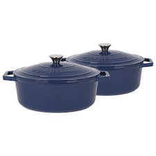 Argon Tableware Oval Cast Iron Casserole Dishes - 4.68L - Midnight Blue - Pack of 2 | Blue | Midnight Blue | 2