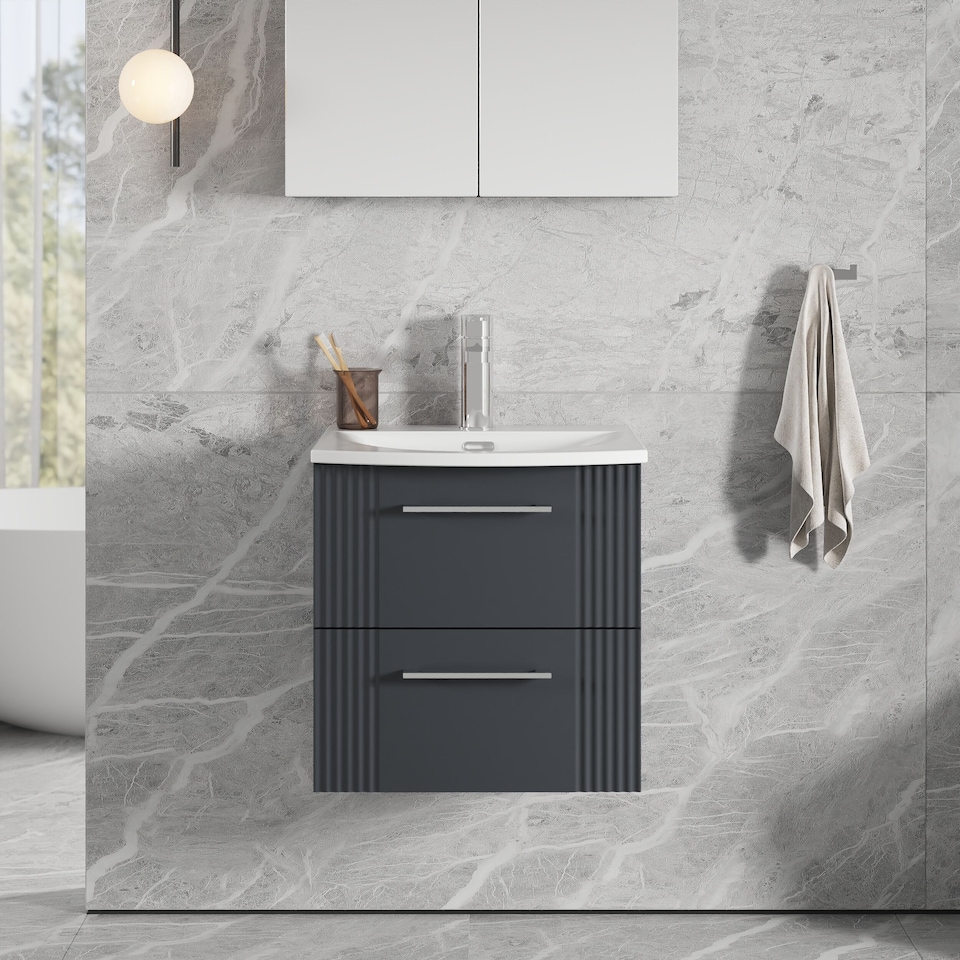 image 1 of Balterley Partial Fluted 2 Drawer Wall Hung Vanity Unit with 1 Tap Hole Curved Basin | Grey | Satin Soft Black