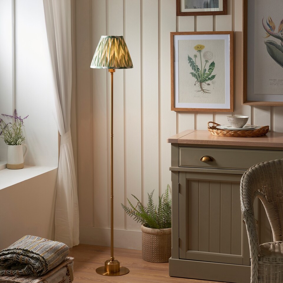 image 1 of Burley Rechargeable Brushed Aged Brass Plate Floor Lamp with Cotswold Green Fabric Zigzag Shade 25cm Integrated LED