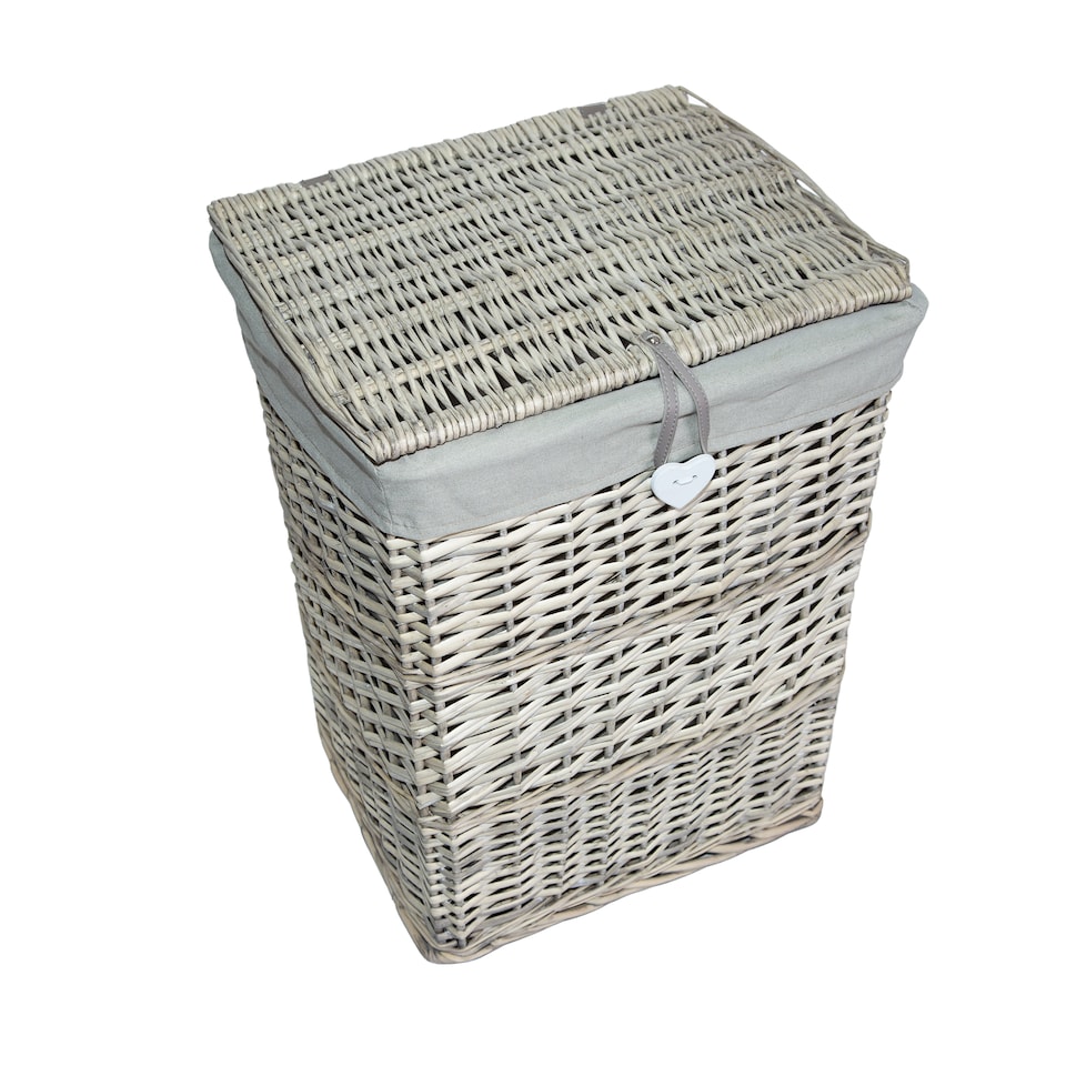 image 1 of Premium Grey Paint Wicker Laundry Basket Cotton Lining With Lid Bathroom Storage (Grey, Small)
