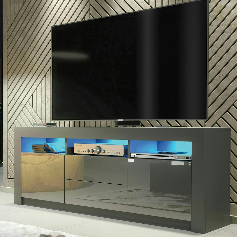 image 1 of TV Unit 160cm Grey Gloss Doors & Drawers Grey Matt Body Free LED Grey