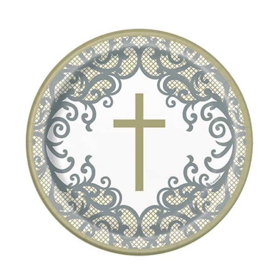 Gold Cross Fancy Round Paper Plates 18cm - Pack of 8
