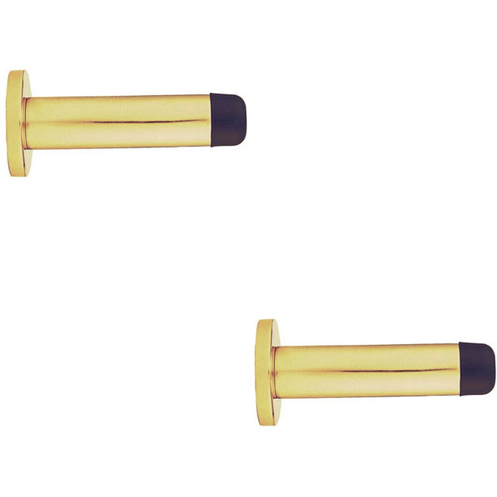 Loops 2x Rubber Tipped Doorstop Cylinder with Rose Wall Mounted 83mm Polished Brass in Metallics