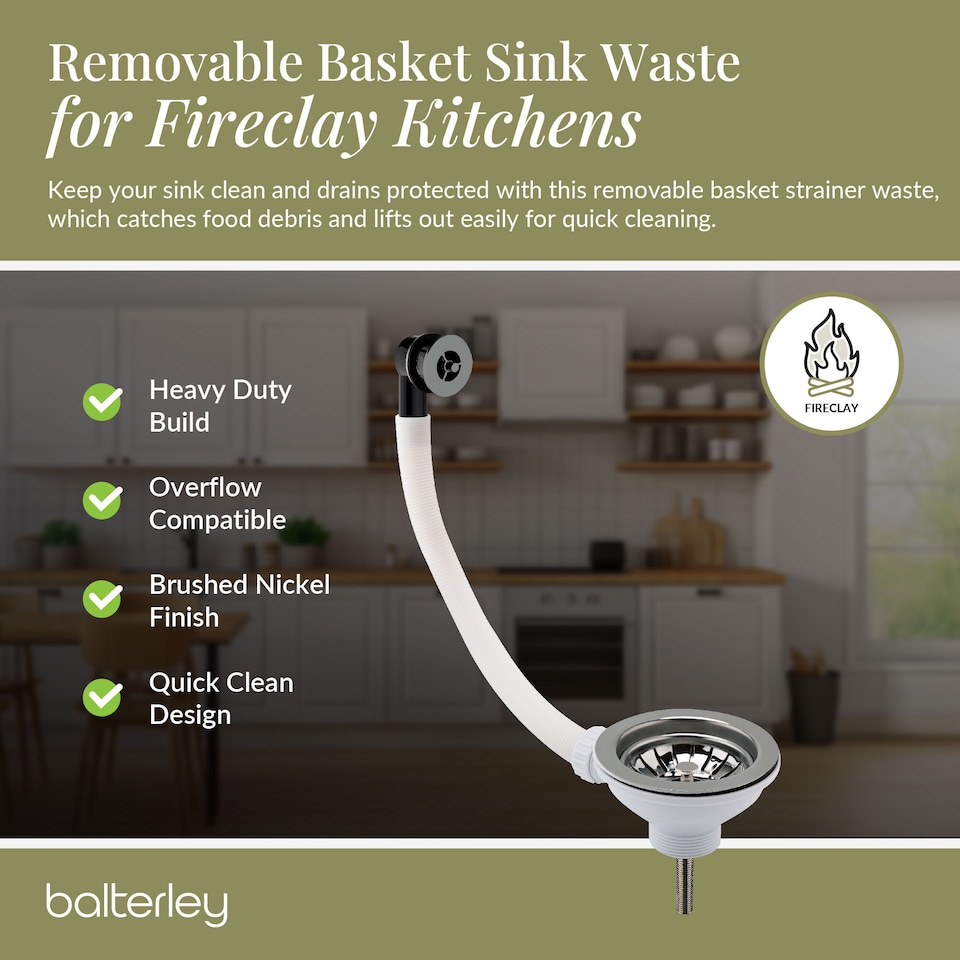 image 1 of Balterley Fireclay Kitchen Sink Basket Strainer Waste with Overflow | Silver | Brushed Nickel | 1