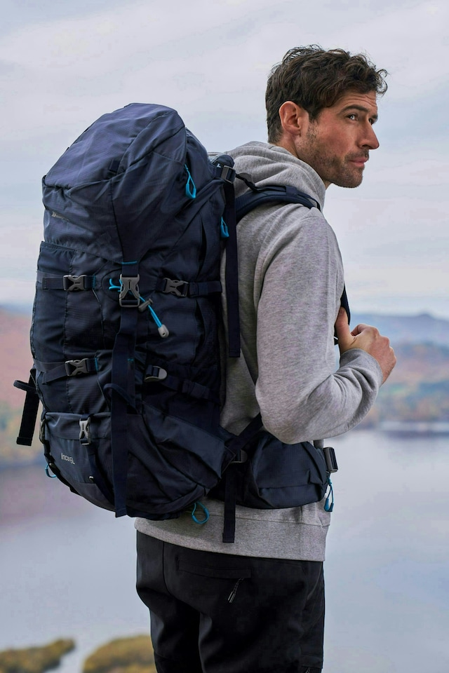 image 1 of Mountain Warehouse 65L Large Backpack Rucksack Travelling Backpacking Camping | Blue | Navy