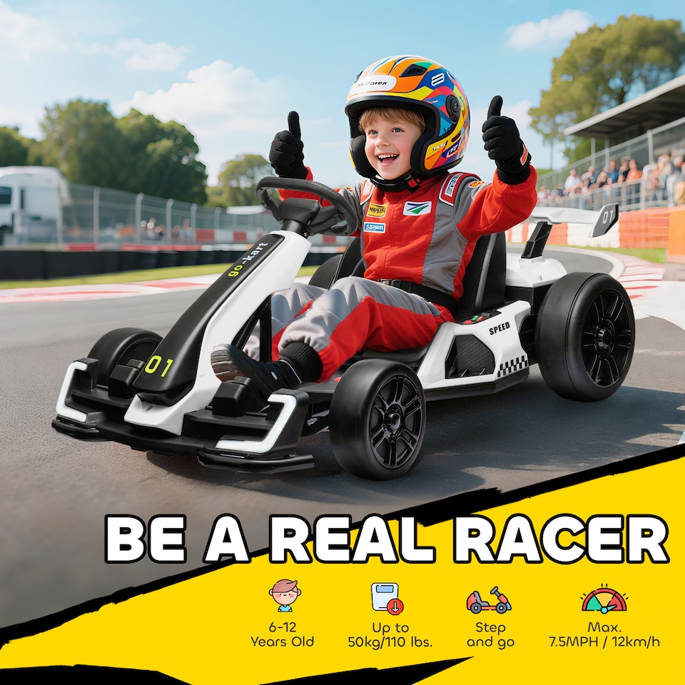image 1 of HOMCOM 24V Electric Go Kart for Kids, Ride On Racing Kart with Adjustable Seat, Battery Powered Drifting Ride On Car with Music, Light, Slow Start, Button Start, Horn, for 6-12 Years, White