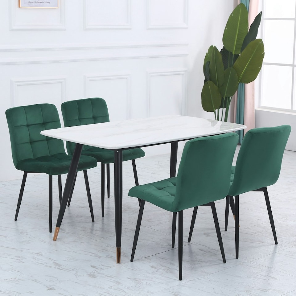 image 1 of Living and Home Set of 4 Modern Frosted Velvet Dining Chairs with Metal Legs - Green