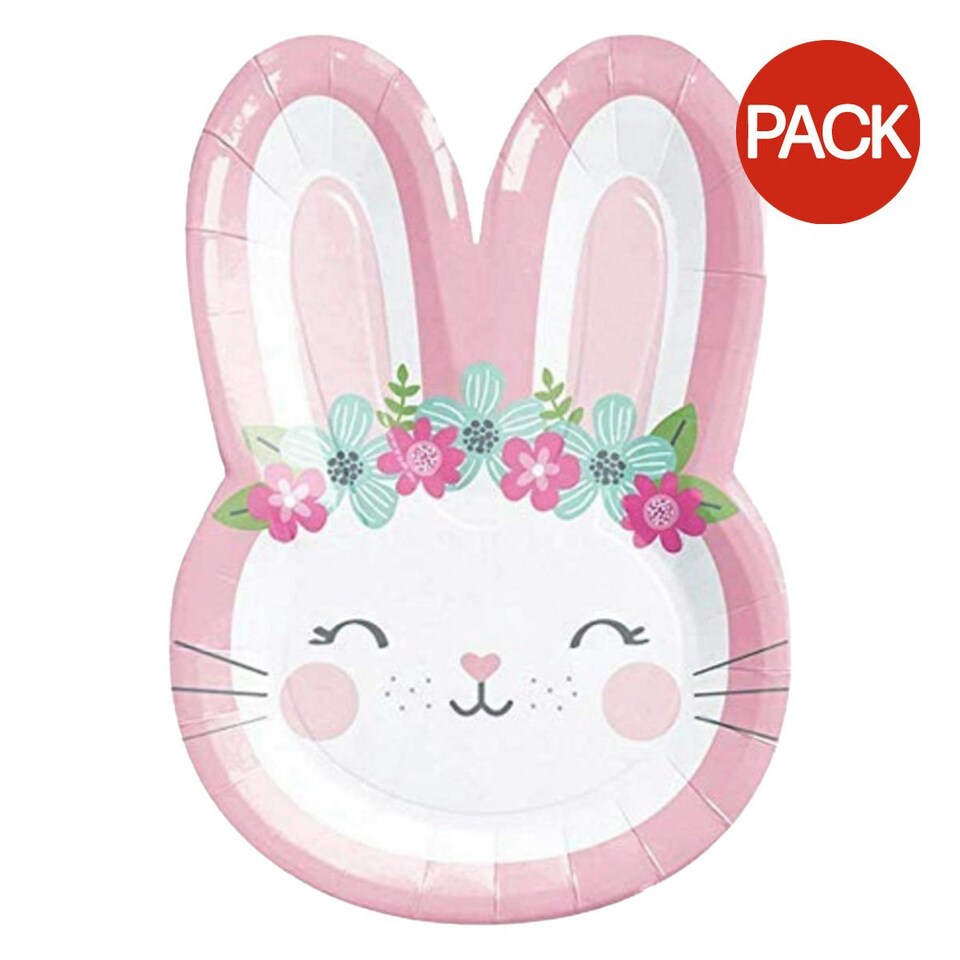 Creative Party Paper Bunny Face Birthday Dinner Plate (Pack of 8) - Pink/White/Multicoloured - One Size