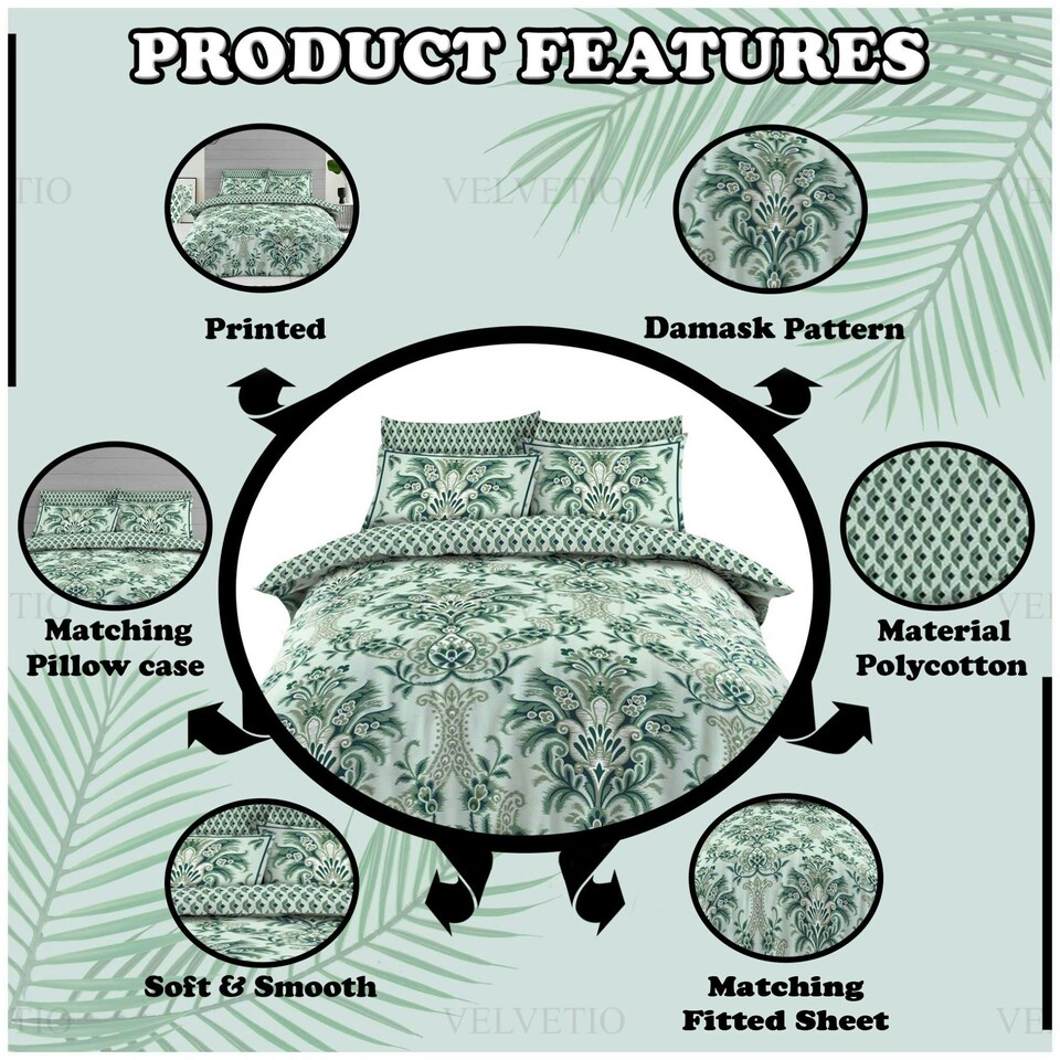 image 1 of VELVETIO Marilyn Complete Duvet Cover Set with Fitted Sheet Soft Printed Bedding Bedset Green | Double