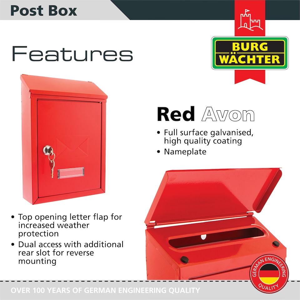 image 1 of Burg-Wachter Red Avon Dual Entry Wall Mounted Galvanised Steel Lockable Weatherproof Post Box - 21x30x7cm | Red | Red