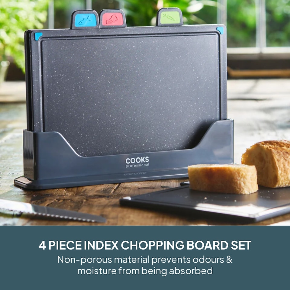 image 1 of Cooks Professional Set of 4 Index Chopping Boards with Stand & Coloured Tabs