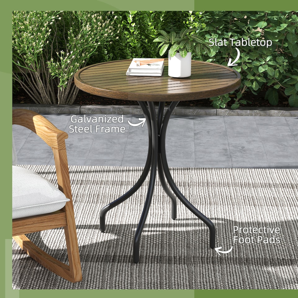 image 1 of Outsunny 66cm Diameter Garden Side Table, Round Bistro Coffee Table, Outdoor Patio Table with Steel Frame and Slat Tabletop for Balcony and Porch, Brown Wood Grain | Brown | Brown Wood Grain