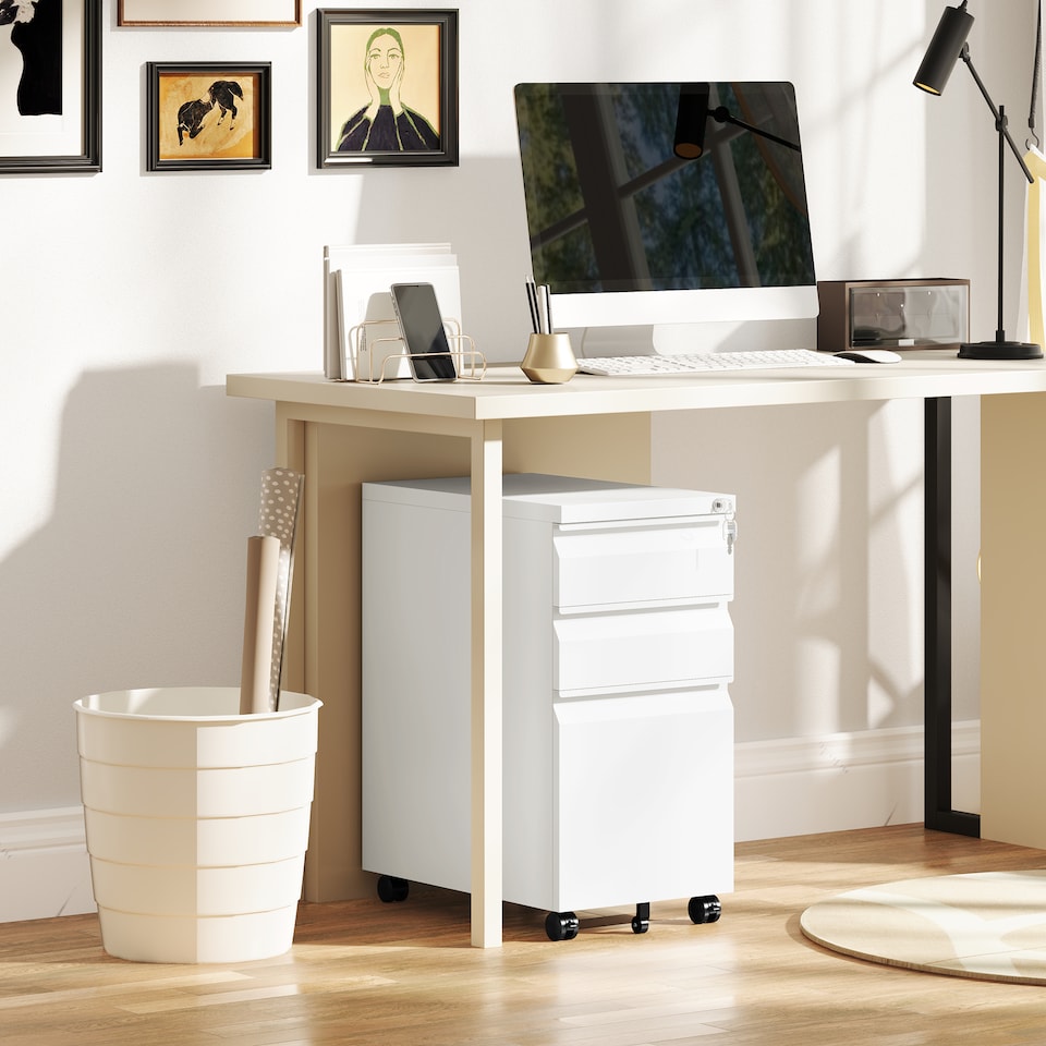 image 1 of Vinsetto 3-Drawer Filing Cabinet with Lock, Mobile Steel File Cabinet for A4, Under Desk Drawers with Pre-Assembled Body for Home Office | White | White