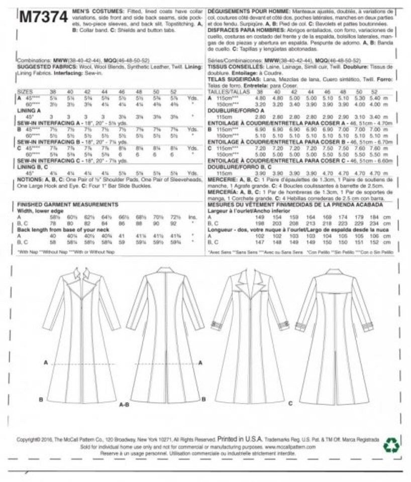 image 1 of McCall's 7374 Paper Sewing Pattern – Men’s Coat, Sizes Mqq (46–48–50–52), Intermediate