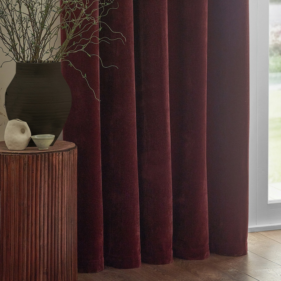 image 1 of Yard Heavy Chenille Velvet Room Darkening Eyelet Curtains | Red