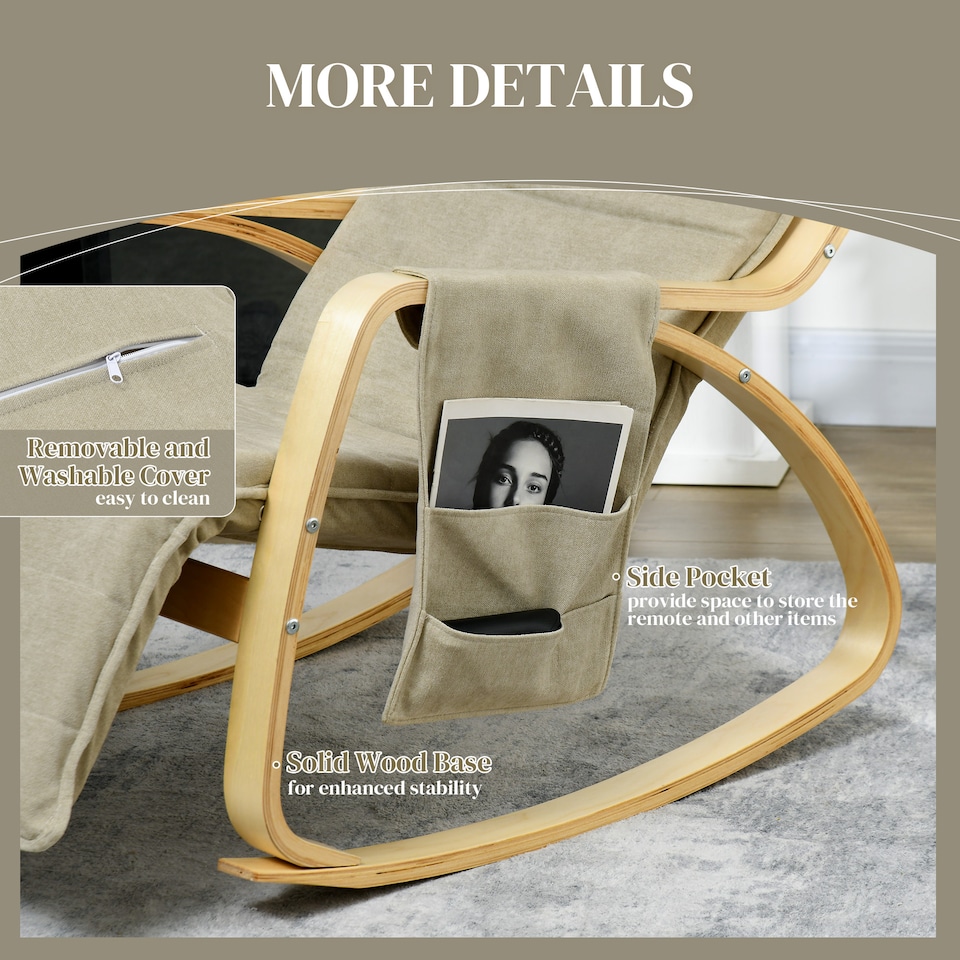 image 1 of HOMCOM Rocking Lounge Chair Recliner Relaxation Lounging Relaxing Seat with Adjustable Footrest, Side Pocket and Pillow, Khaki