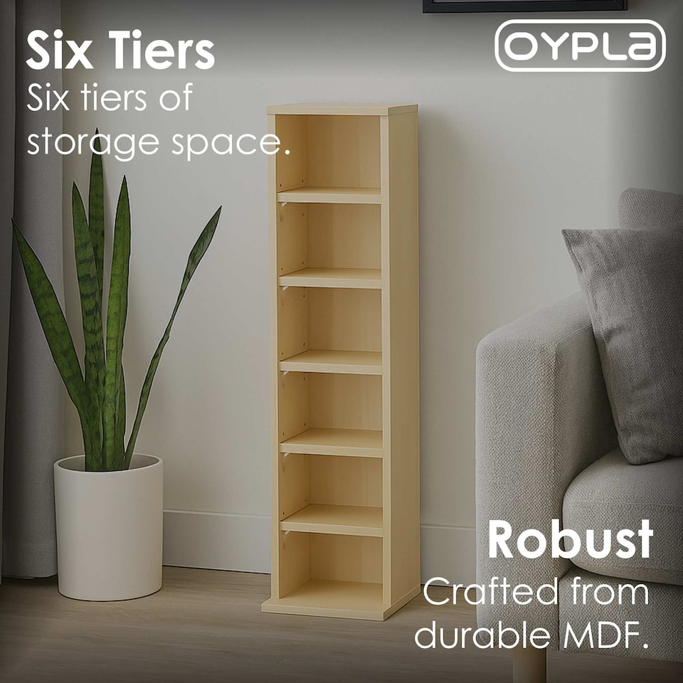 image 1 of 6 Tier Beech Wooden CD DVD Game Book Shelf Storage Tower Rack - Fits 102 CDs