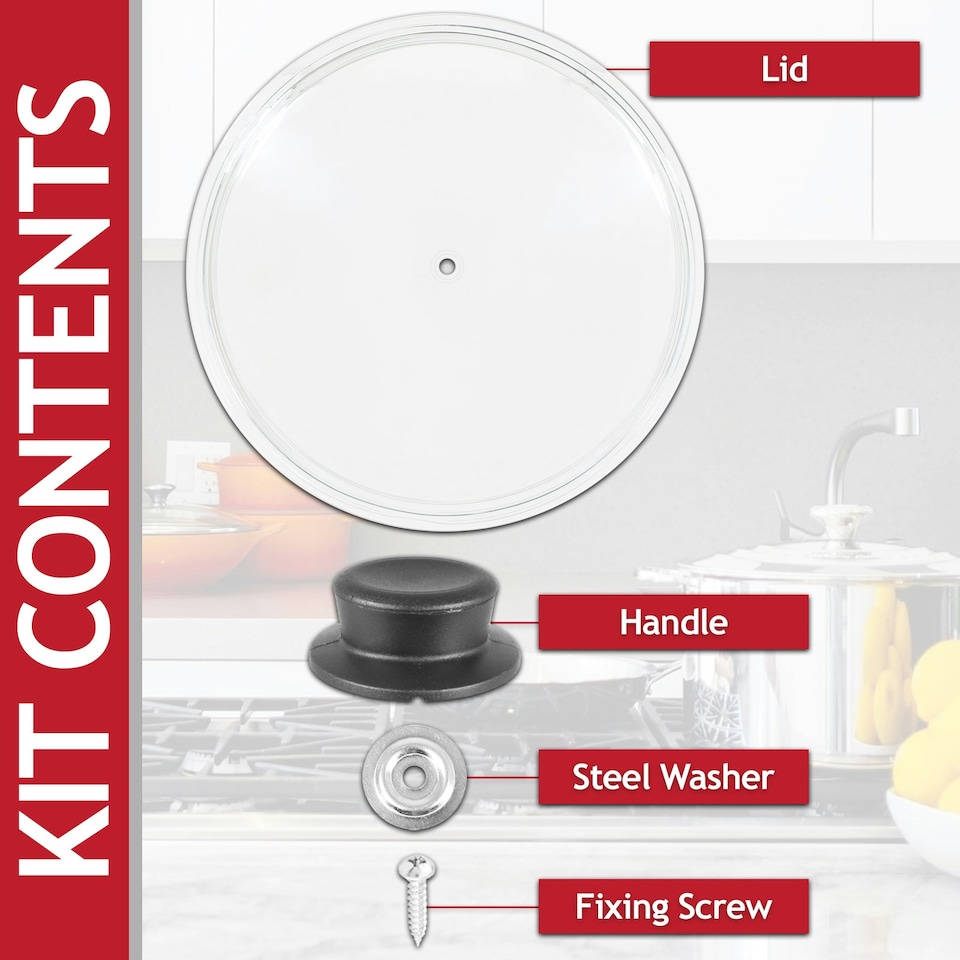 image 1 of SPARES2GO Glass Cookware Lid + Curved Handle Tempered Pan Pot Dish Cover Replacement Kit (30cm)