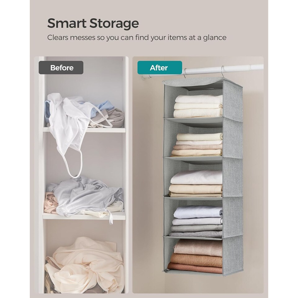 image 1 of Hanging Wardrobe Storage Organiser with Bamboo Detail, Space Saving Closet Shelf, Light Grey