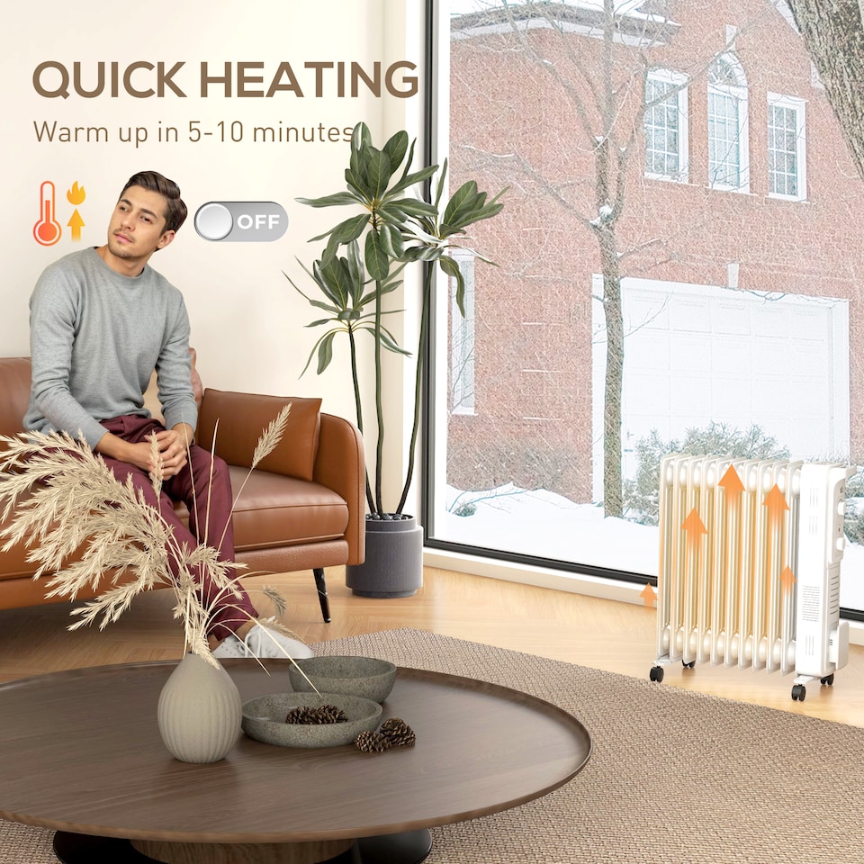 image 1 of HOMCOM 2500W Quiet Oil Filled Radiator, 11 Fin Energy Efficient Portable Electric Heater with 3 Heat Settings, Adjustable Thermostat, Safety Tip Over, Overheat Protection, for Home, White