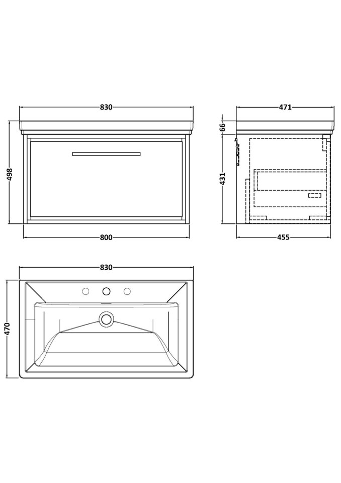 image 1 of Balterley Modern Bathroom Wall Hung Single Drawer Vanity Unit with Fireclay Basin - Basin, 3 Tap Holes | Grey | Monument Grey | 498 x 830 x 471mm