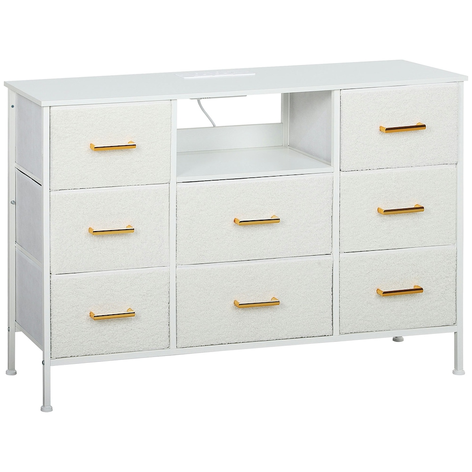 image 1 of HOMCOM Boucle Chest of Drawers, 2 USB & 2 AC Ports, 8 Drawers Dresser Cream