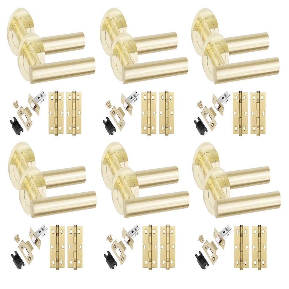 image 1 of Golden Grace 6 Set Straight T-Bar Design Door Handles in Satin Brass Finish with Tubular Latch and 1 Pair of 3" Ball Bearing Hinges | Gold | 6 Set