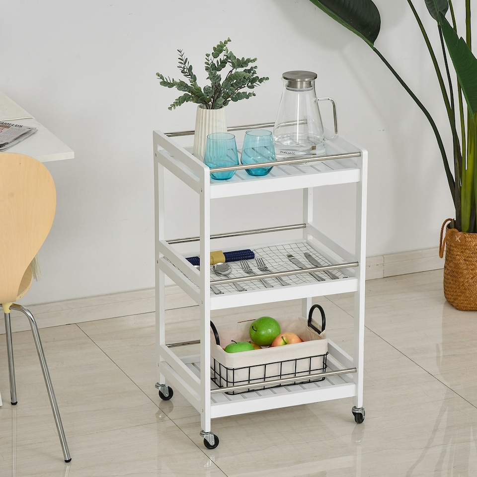 image 1 of HOMCOM 3-Tier Home Trolley Kitchen Storage w/ Steel Bars 4 Wheels Rolling White