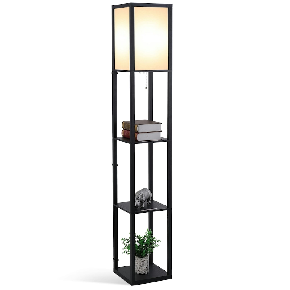 image 1 of HOMCOM Floor Lamp Reading Lamp with 3-Tier Storage Shelf for Home Office, Black