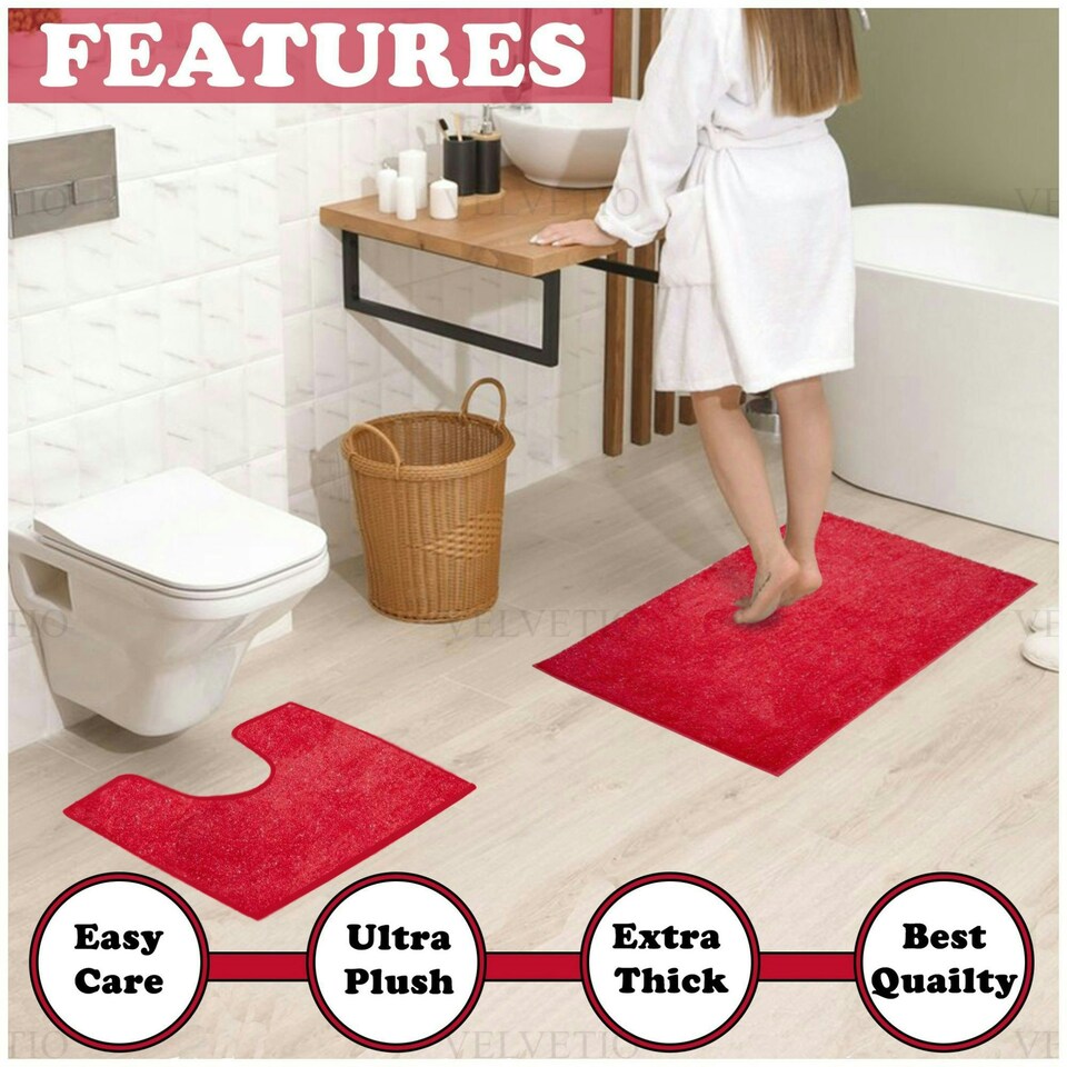 image 1 of VELVETIO Shiny Sparkling Bath Set Anti Slip Pedestal Mat Bathroom Rugs Red | Deep Red